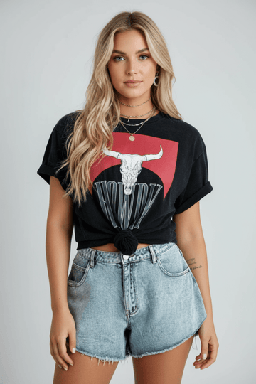 Western HOWDY Steer Head Print Side Slits Loose Fit T Shirt - CELIVINE