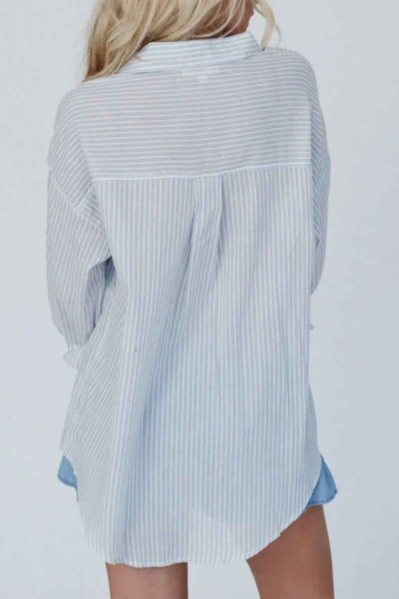 Frill Striped Collared Neck Long Sleeve Shirt - CELIVINE