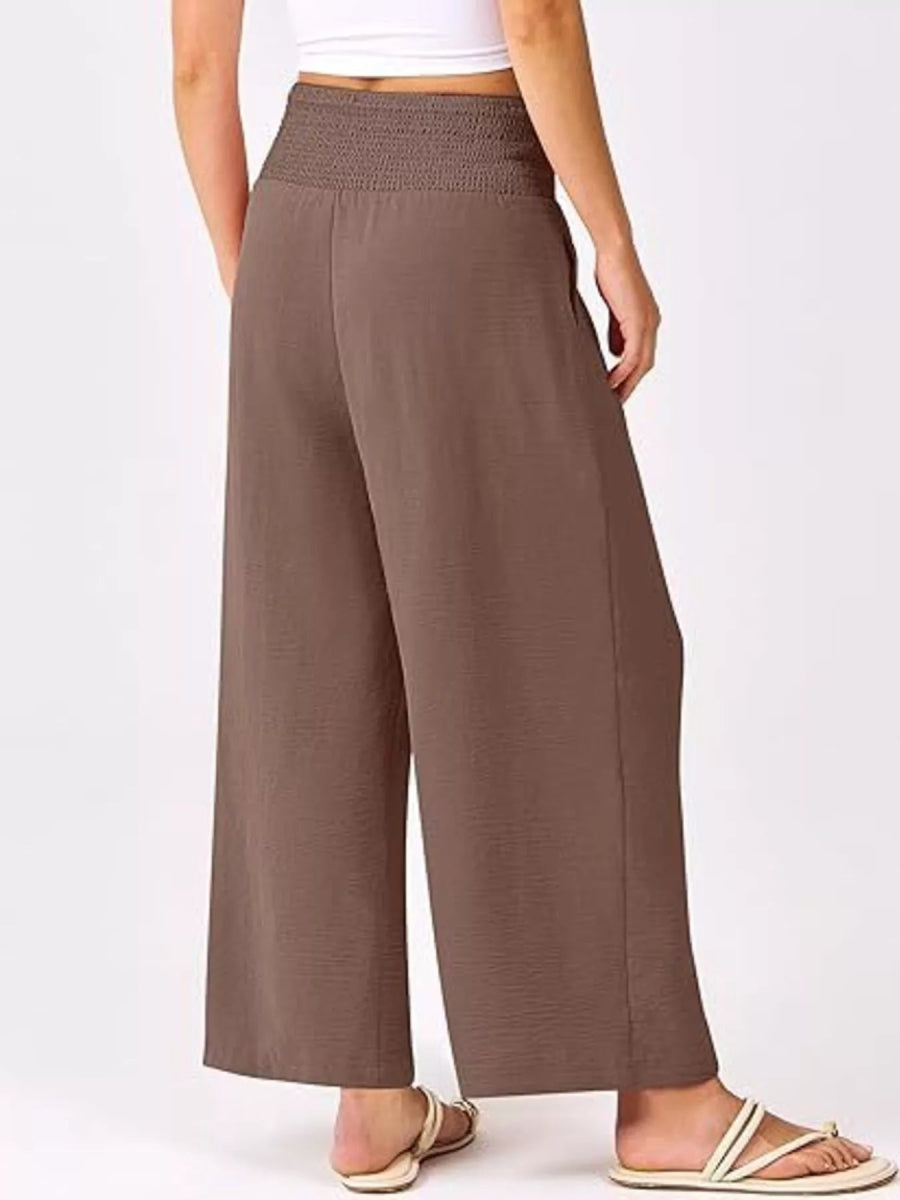 Wide Leg Smocked High Waist Pants - CELIVINE
