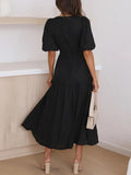 V - Neck Puff Sleeve Midi Dress - CELIVINE