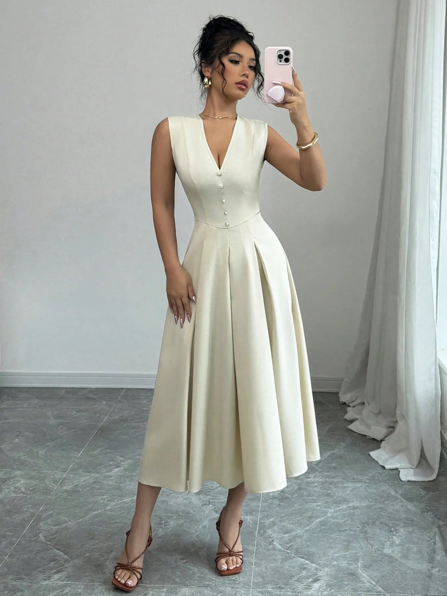 V - Neck Sleeveless Midi Dress - CELIVINE