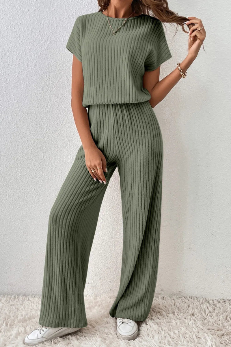 Ribbed Short Sleeve Wide Leg Jumpsuit - CELIVINE