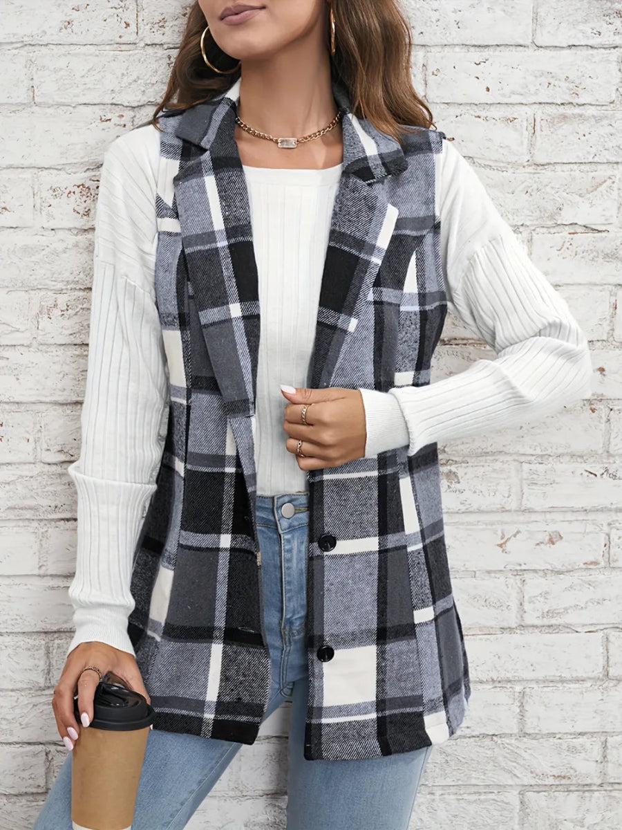 Plaid Button Down Vest Coat - CELIVINE