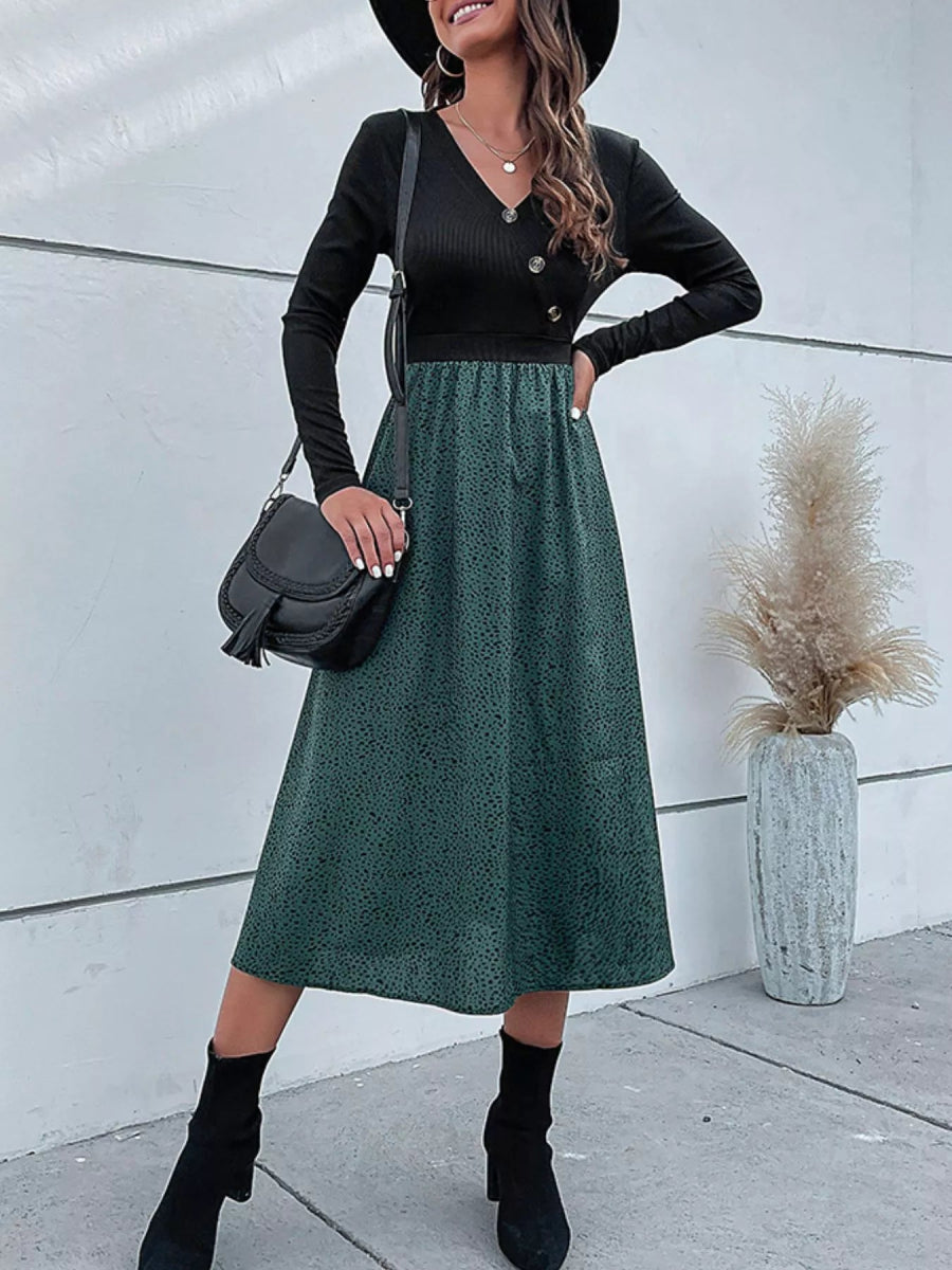 Animal Print Long Sleeve Midi Dress - CELIVINE