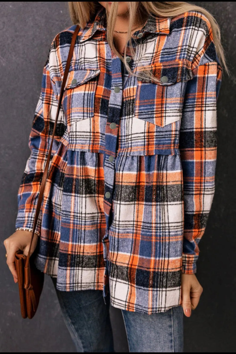 Plaid Collared Neck Long Sleeve Shirt - CELIVINE