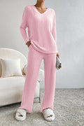 Ribbed V - Neck Top and Pants Lounge Set - CELIVINE