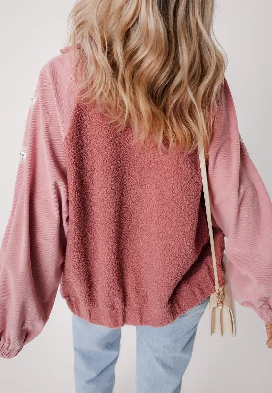 Lace Detail Zip Up Sherpa Patchwork Jacket - CELIVINE