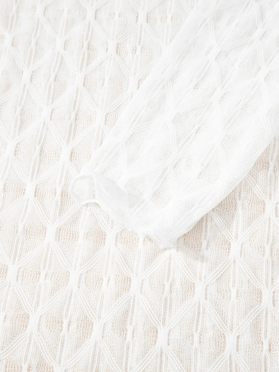 Sheer Mesh Patterned Lettuce Trim Slim Long Sleeve Top - CELIVINE