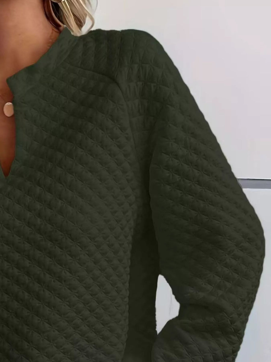 Quilted Texture Long Sleeve Sweatshirt with Notched Neck - CELIVINE
