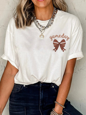 Game Day Bowknot Embroidered Casual Tee - CELIVINE