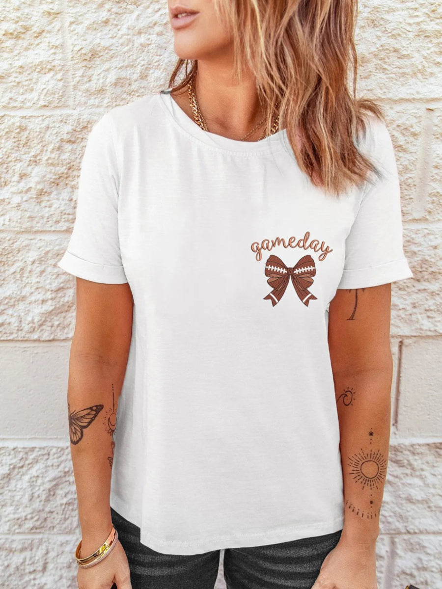 Game Day Bowknot Embroidered Casual Tee - CELIVINE