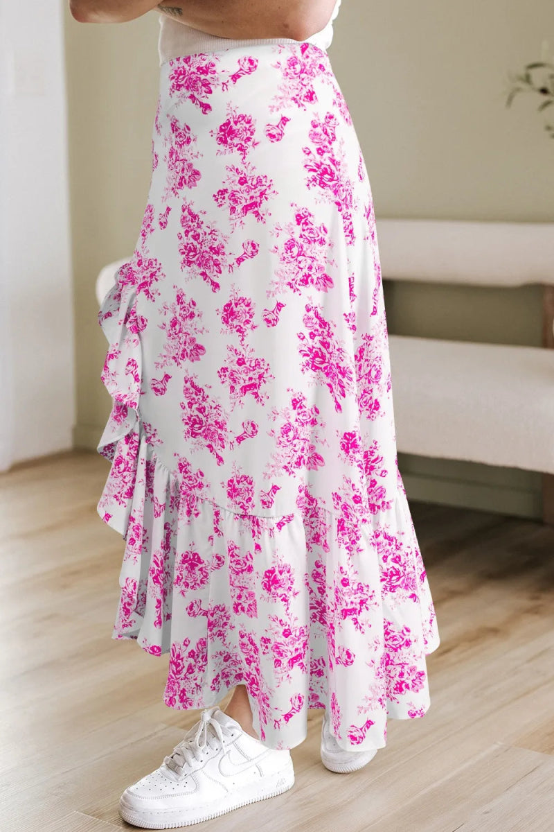 Boho Floral High Waist Ruffle Split Maxi Skirt - CELIVINE