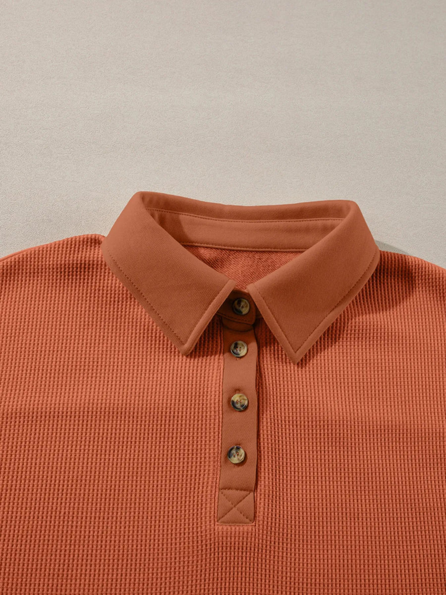 Long Sleeve Thermal Knit Polo Top - CELIVINE