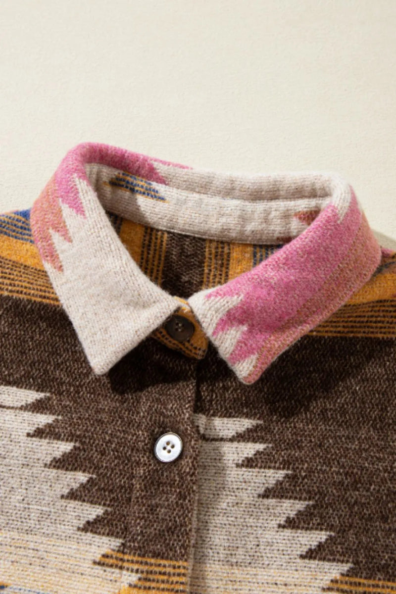 Geometric Button Up Long Sleeve Jacket - CELIVINE