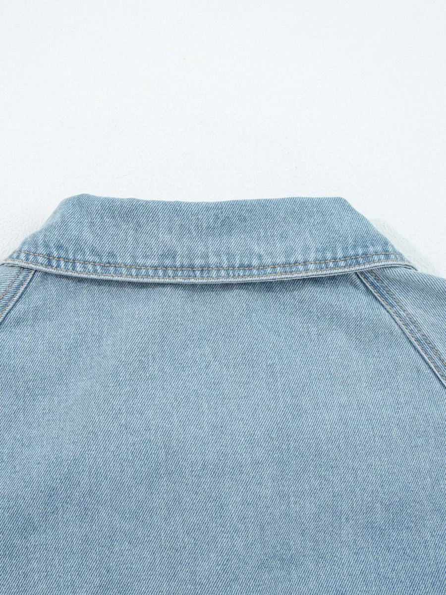 Elastic Edge Collared Zip Up Denim Jacket With Pocket - CELIVINE