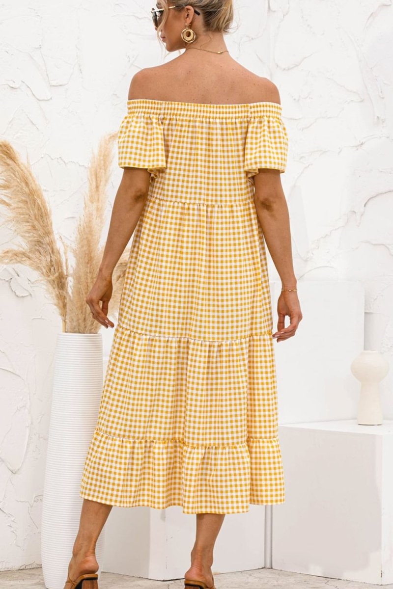 Plaid Off - Shoulder Tiered Midi Dress - CELIVINE