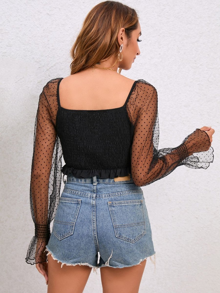 Drawstring Flounce Sleeve Cropped Top - CELIVINE