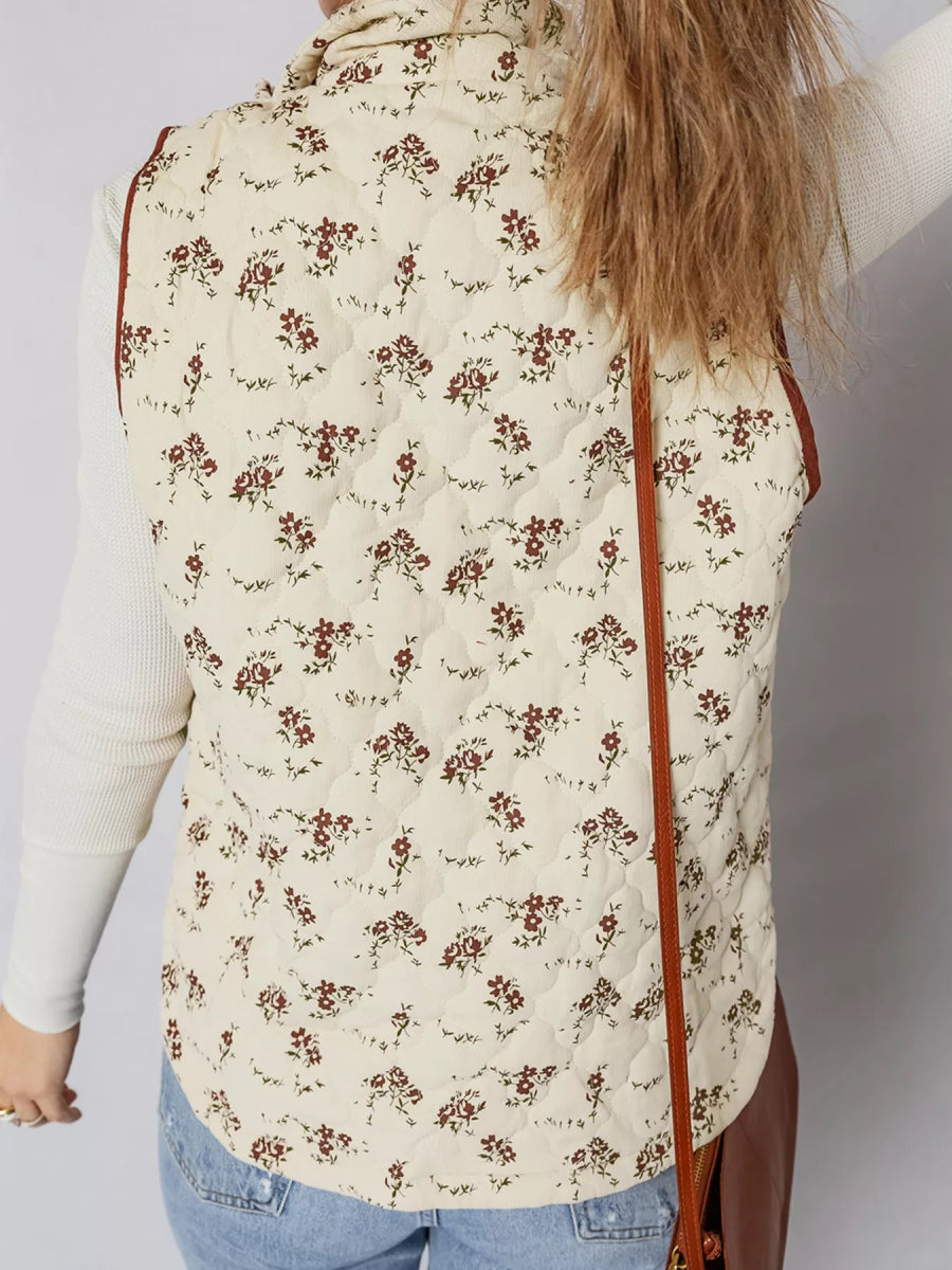 Floral Print Zip Up Quilted Vest - CELIVINE