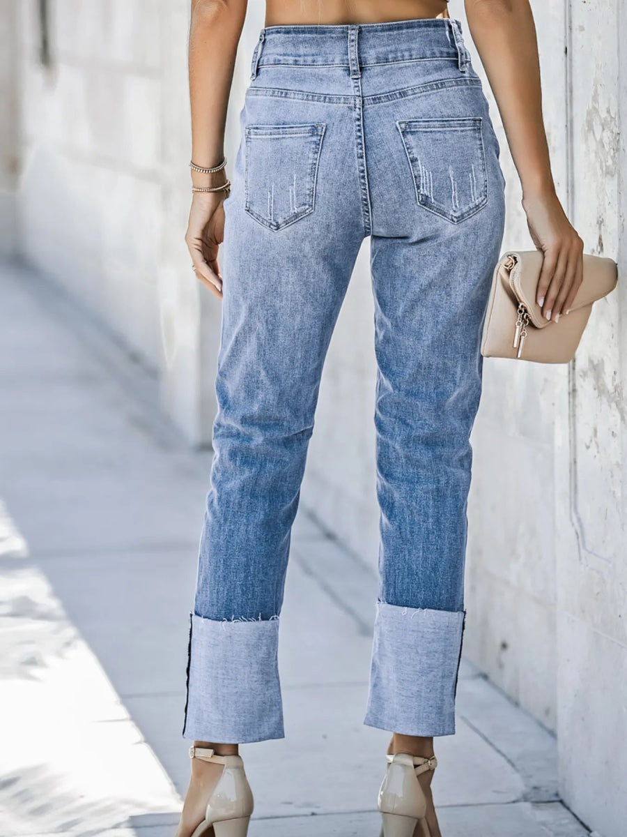 High Waist Distressed Straight Leg Jeans - CELIVINE