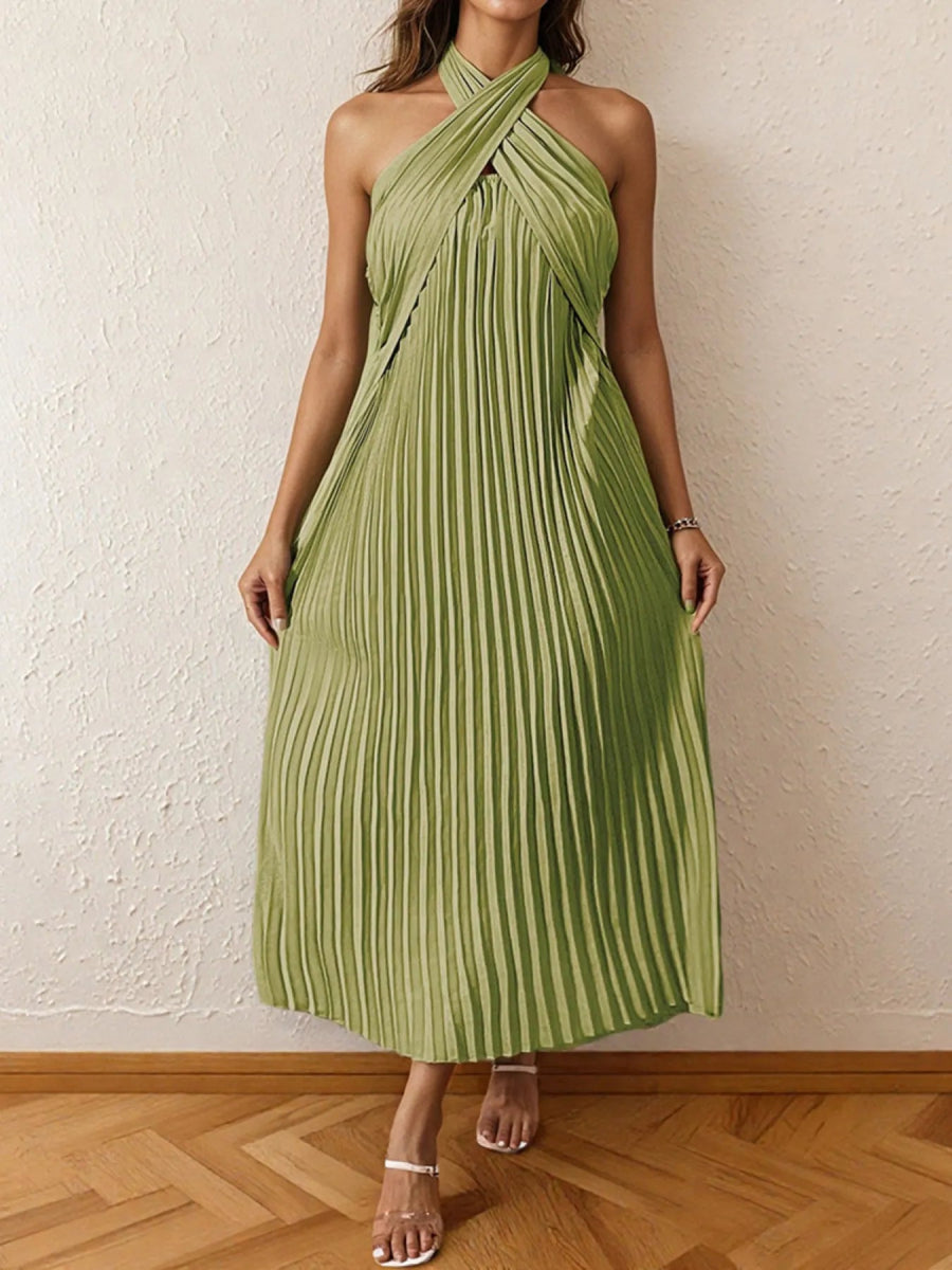 Pleated Halter Neck Midi Dress - CELIVINE