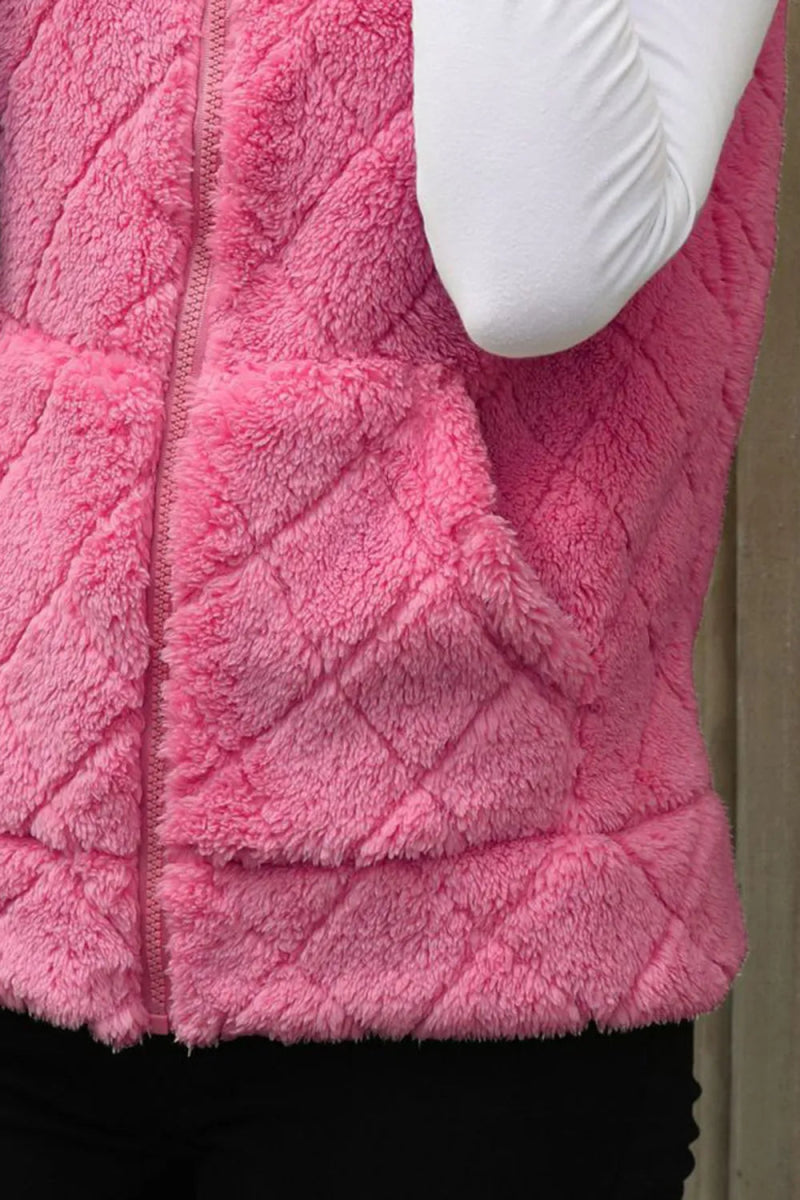 Fuzzy Plaid Texture Zip Up Vest Coat - CELIVINE