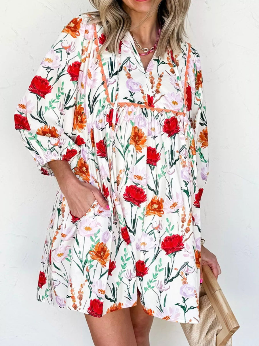 Floral Print 3/4 Sleeve Mini Dress - CELIVINE