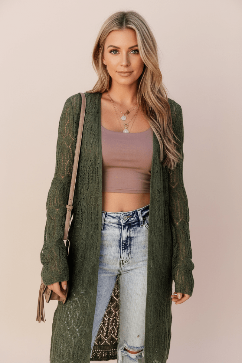 Openwork Open Front Long Sleeve Cardigan - CELIVINE