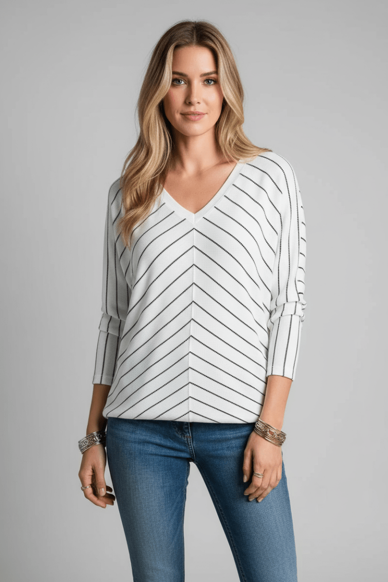 Striped V - Neck Long Sleeve Blouse - CELIVINE