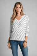 Striped V - Neck Long Sleeve Blouse - CELIVINE