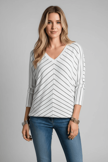 Striped V - Neck Long Sleeve Blouse - CELIVINE
