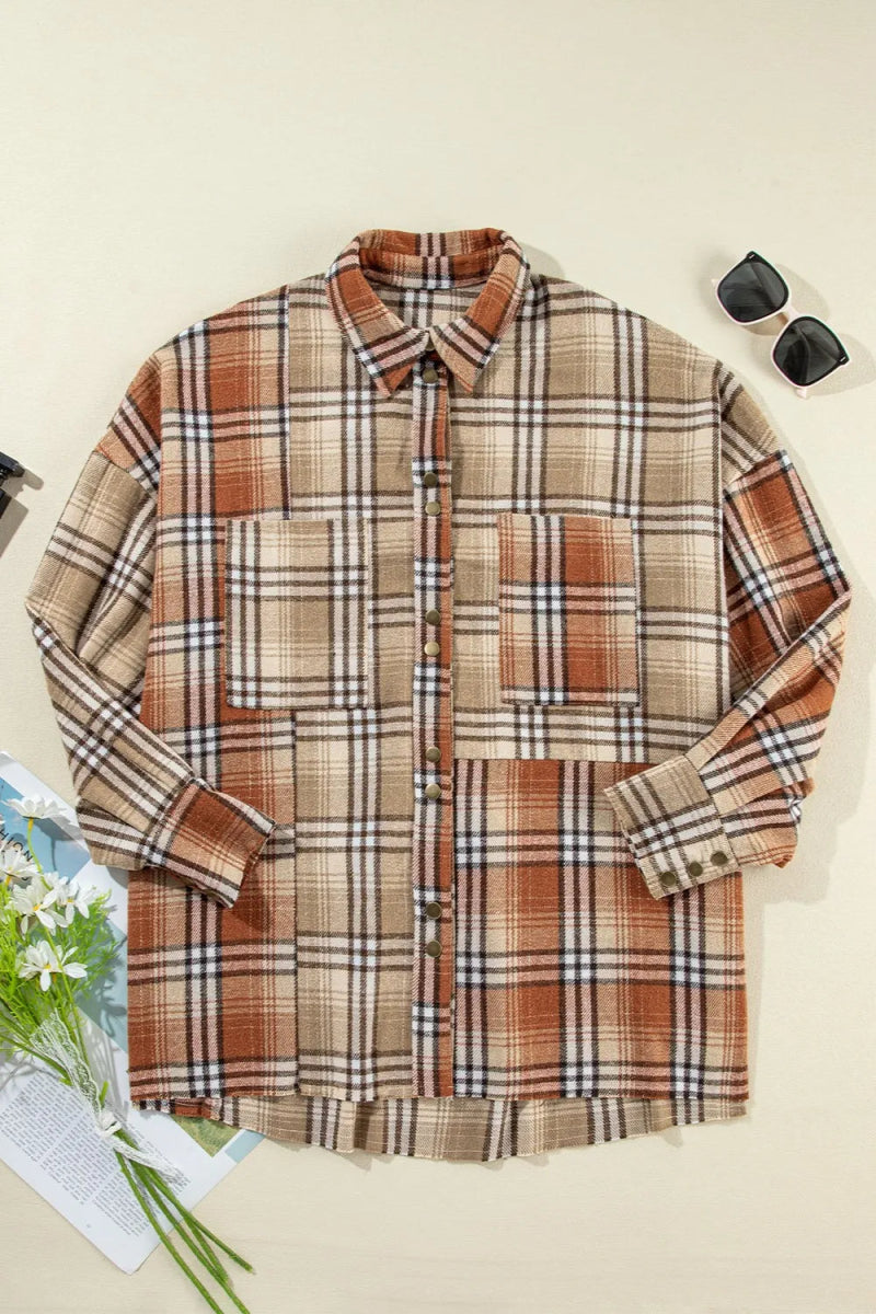 Plaid Snap Down Dropped Shoulder Shacket - CELIVINE