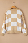 Checkered Exposed Seam Drooped Shoulder Sweater - CELIVINE