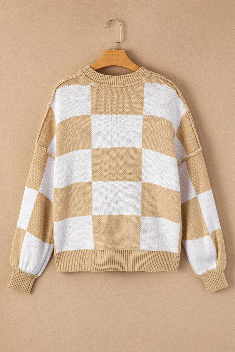 Checkered Exposed Seam Drooped Shoulder Sweater - CELIVINE