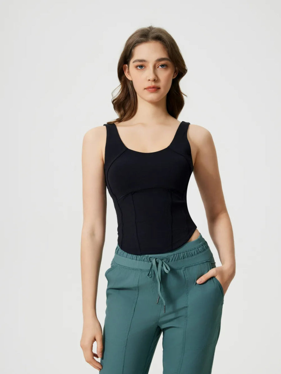 Round Neck Wide Strap Active Tank with Detachable Chest Pads - CELIVINE