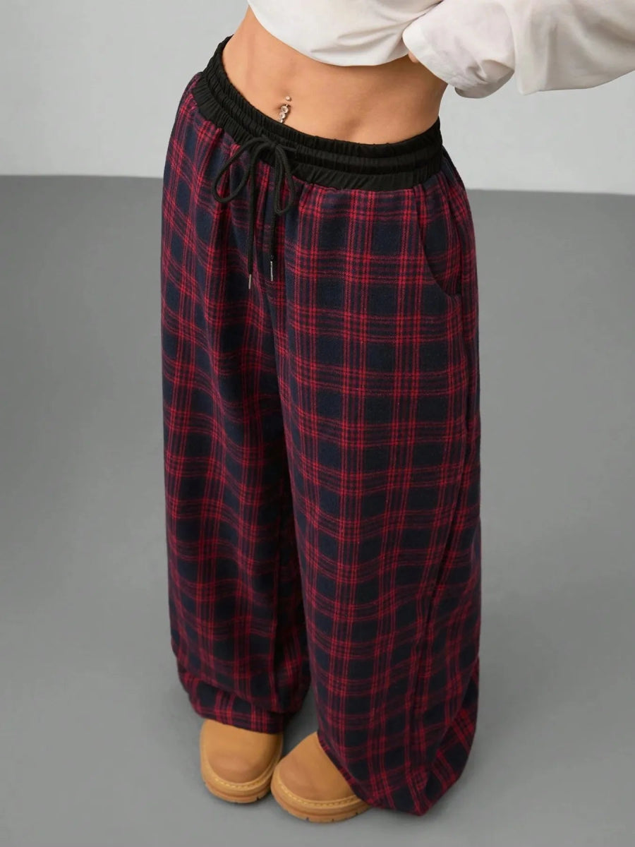 Plaid Wide Leg Pants with Drawstring Waist - CELIVINE