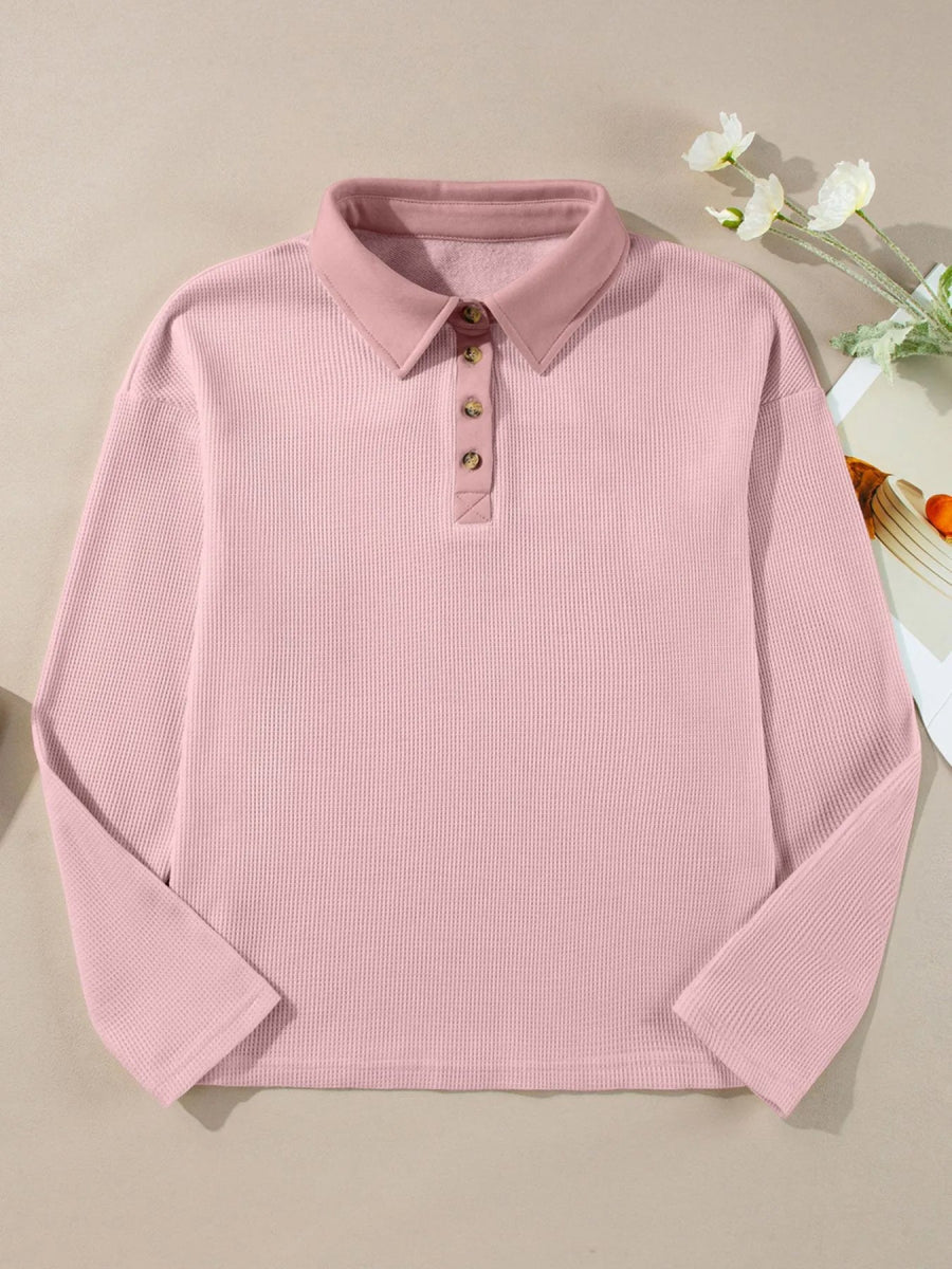 Long Sleeve Thermal Knit Polo Top - CELIVINE