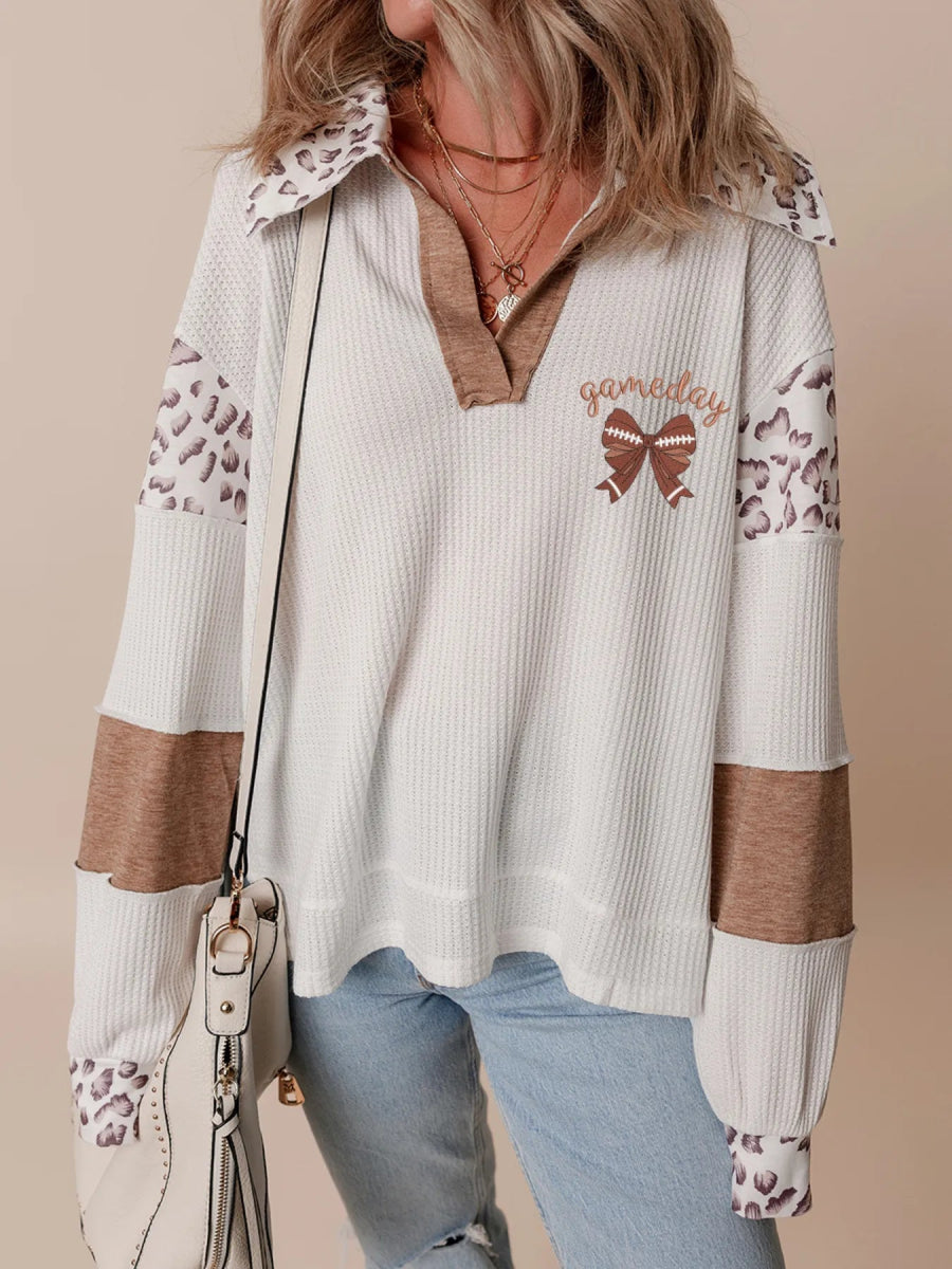 Game Day Bow Embroidered Leopard Color Block Patchwork sweater - CELIVINE