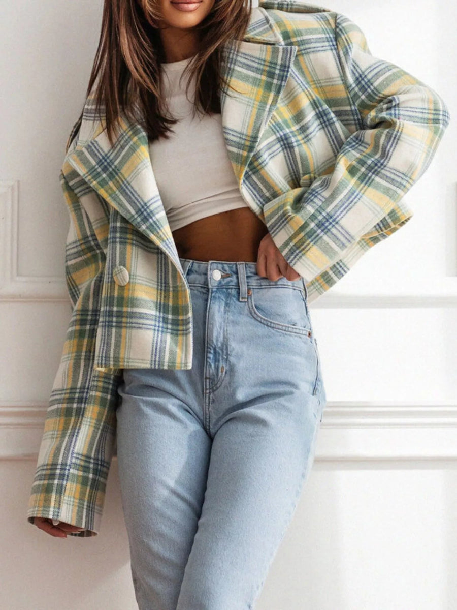 Plaid Lapel Collar Cropped Outerwear - CELIVINE