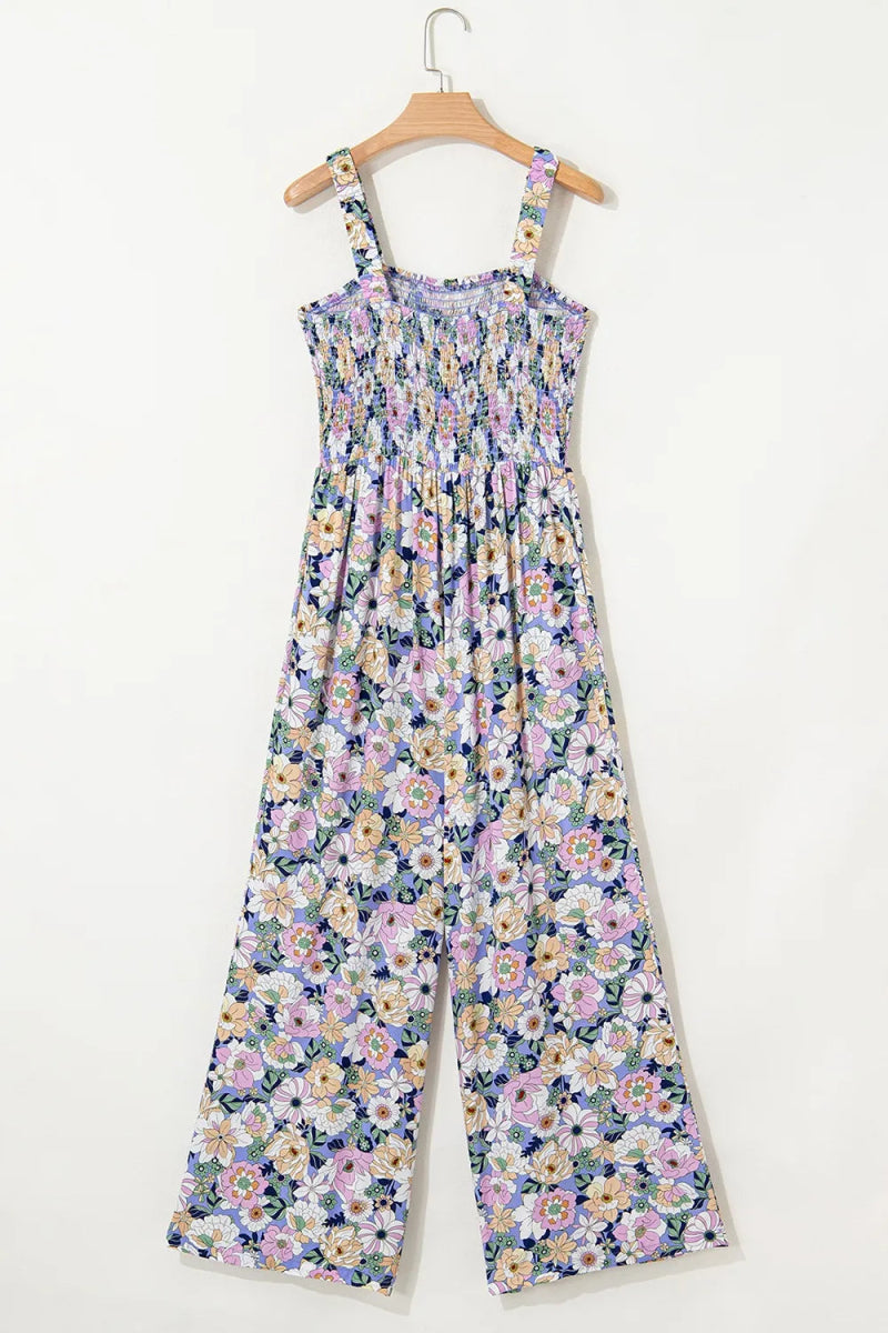 Floral Print Smocked High Waist Square Neck Jumpsuit - CELIVINE