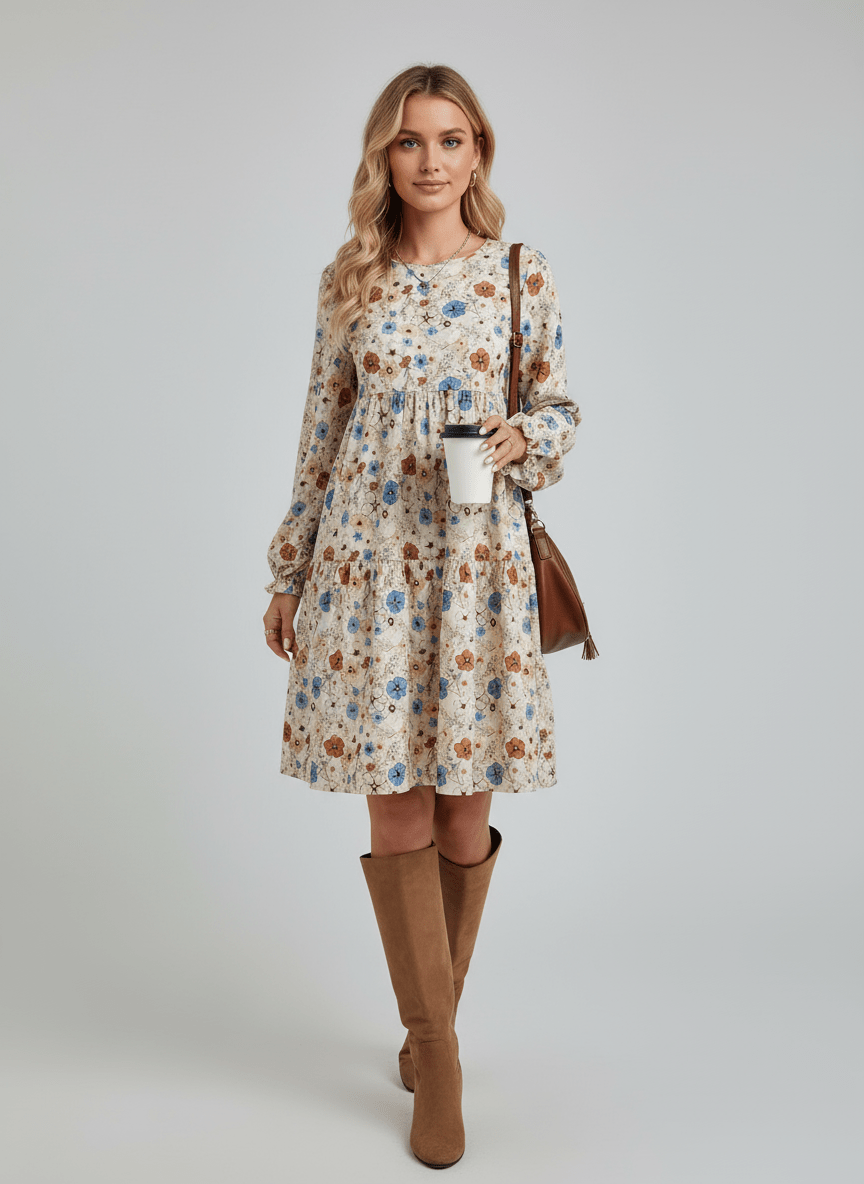 Floral Print Long Sleeve Tiered Dress - CELIVINE