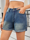 High Waist Rolled Hem Gradient Denim Shorts - CELIVINE