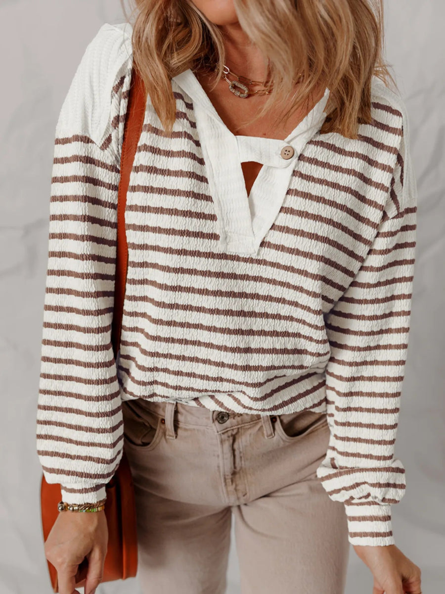 Striped V - Neck Long Sleeve Knit Hoodie - CELIVINE