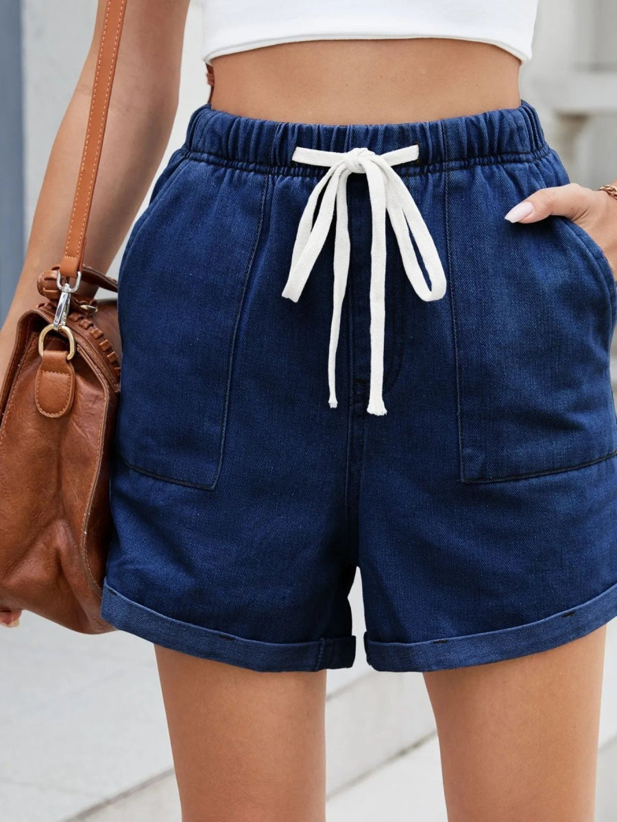 Drawstring Wash Denim Shorts - CELIVINE
