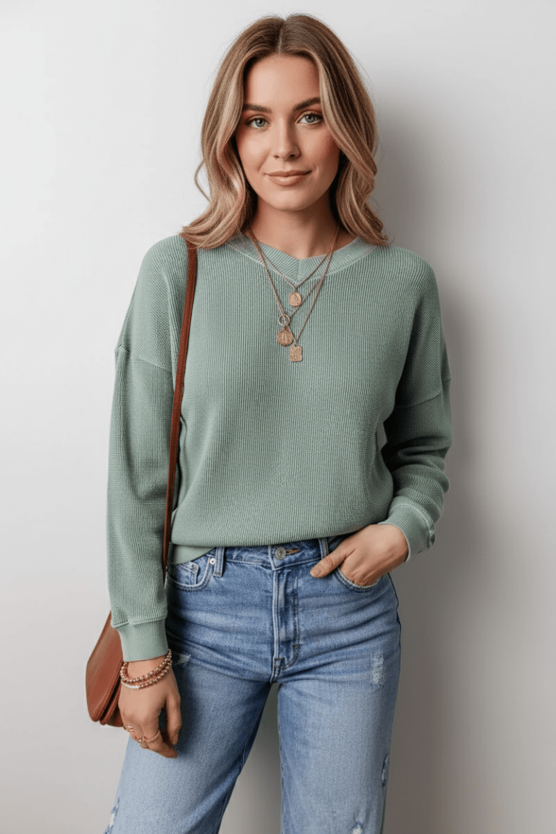 Waffle - Knit Long Sleeve Dropped Shoulder Top - CELIVINE