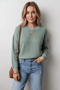 Waffle - Knit Long Sleeve Dropped Shoulder Top - CELIVINE