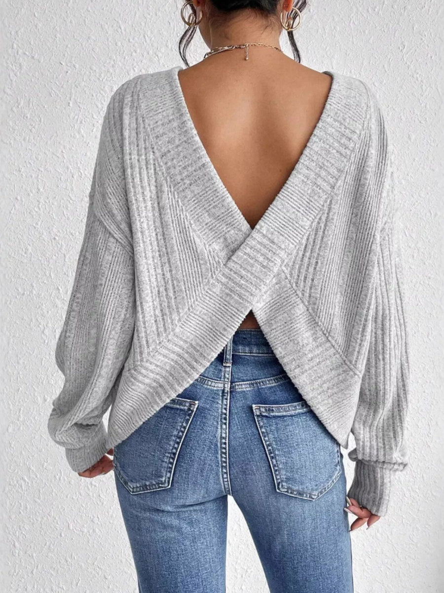 Crisscross Back Long Sleeve Knit Top - CELIVINE