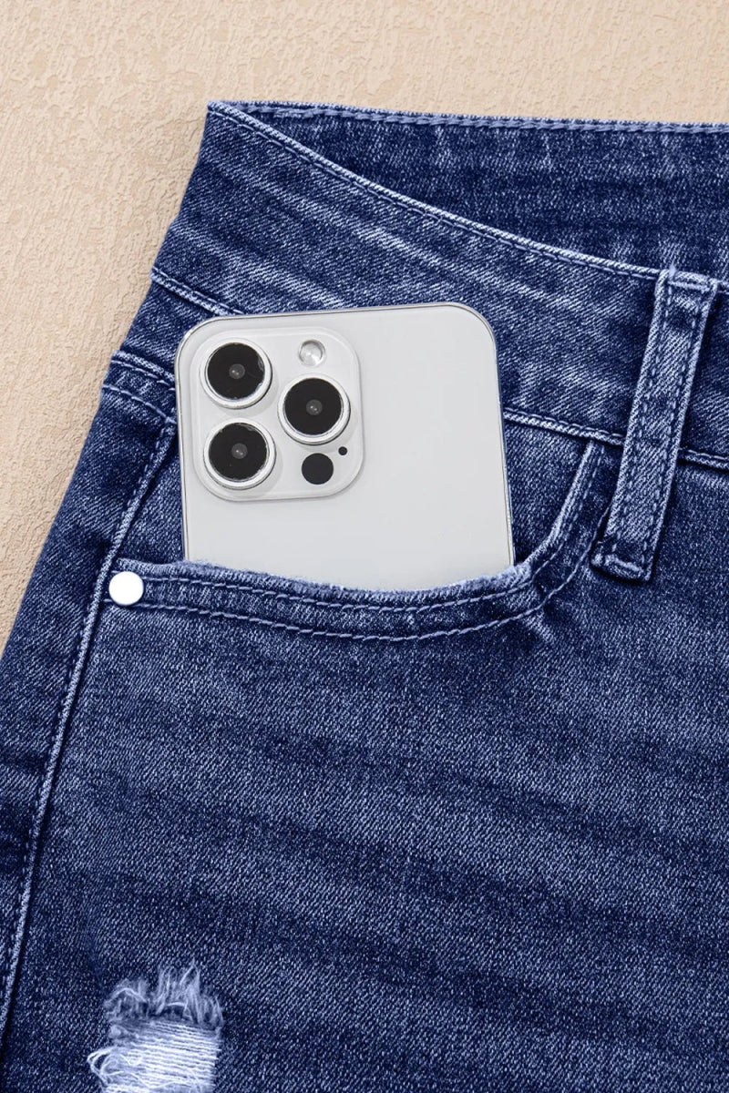 Folded Cuffs Distressed Straight High Waist Jeans - CELIVINE