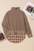 Drawstring Plaid Turtleneck Long Sleeve Top - CELIVINE