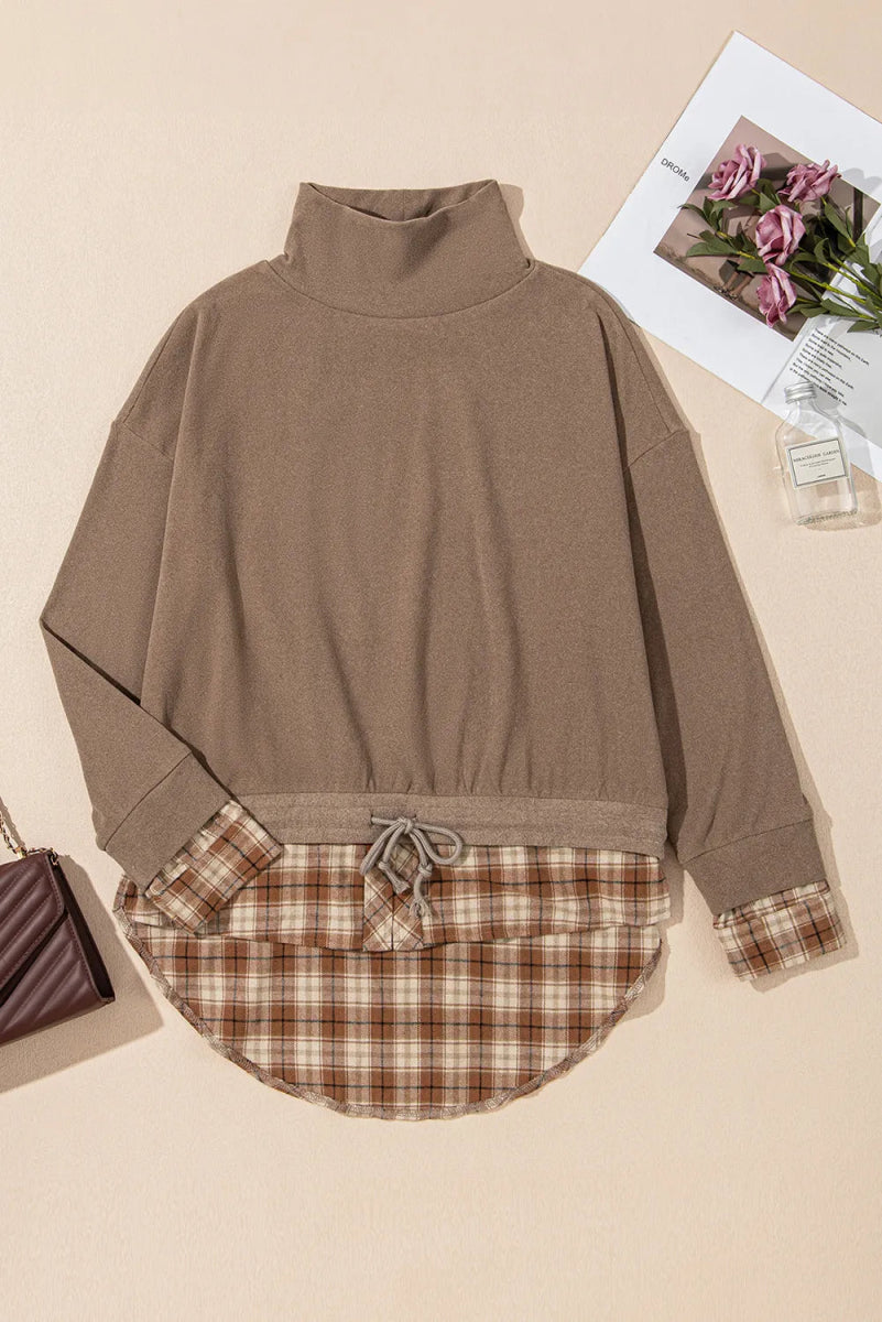Drawstring Plaid Turtleneck Long Sleeve Top - CELIVINE
