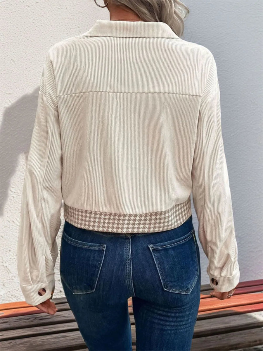 Perfee Pocketed Houndstooth Long Sleeve Jacket - CELIVINE